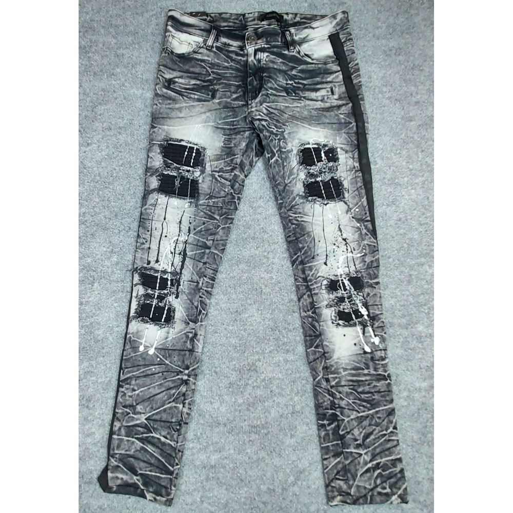 Blue Seven Best in Town Tapered Leg Jeans 34x32 Black Acid Splat Moto F21MJFN40